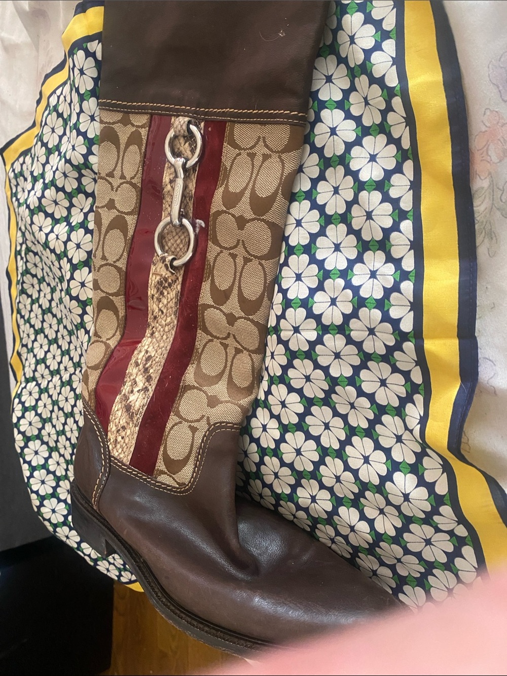 Coach Brown Leather & Signature Canvas Boots with Red Stripe